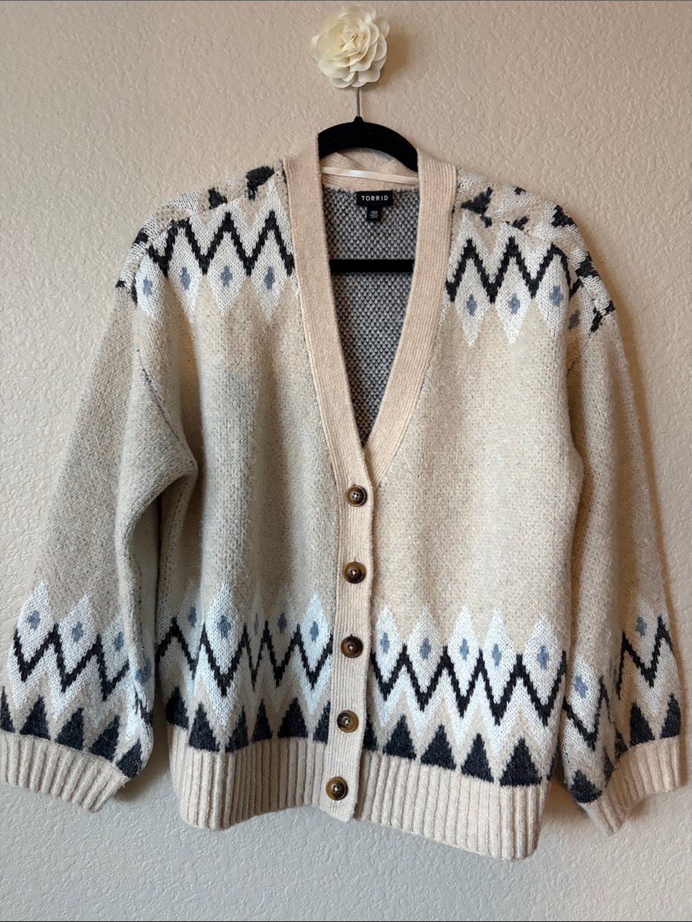 torrid Beige and Black Geo Knit Button-Up Cardigan